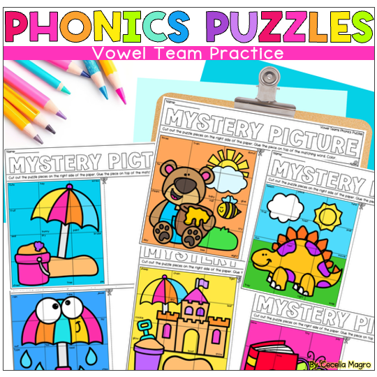 Phonics Puzzles Vowels Teams Mystery Picture Puzzles - I Love 1st Grade